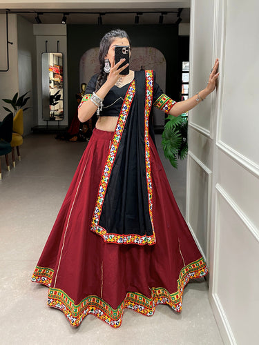 Maroon Color Gamthi Work And Original Mirror Work Lace Border Cotton Dandiya Choli ClothsVilla
