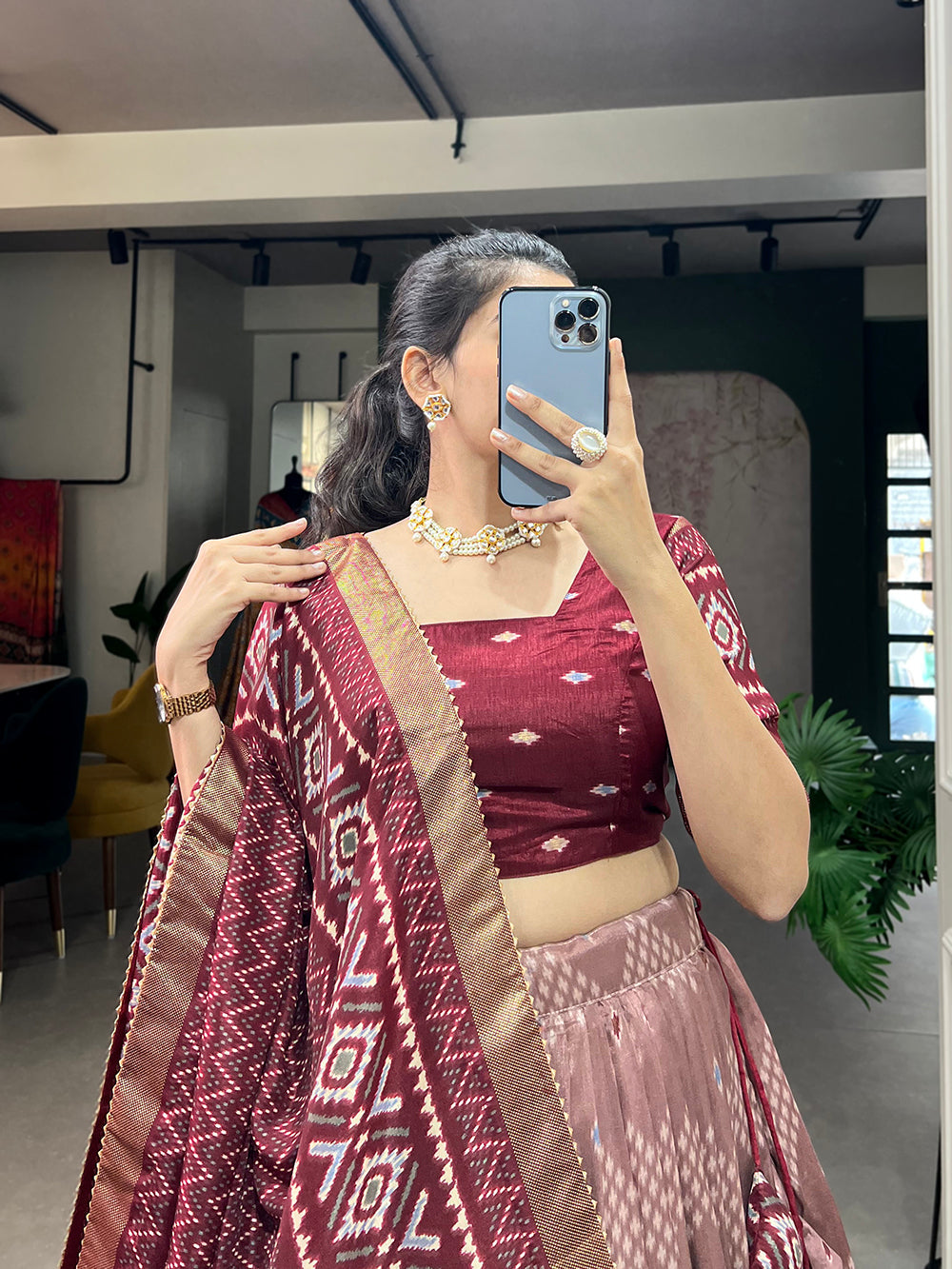 Maroon Color Dot And Ikkat Print With Foil Work Tussar Silk Lehenga Choli Clothsvilla