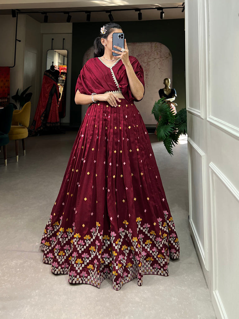 Maroon Color Thread Embroidery Work Vichitra Silk Lehenga Choli Clothsvilla