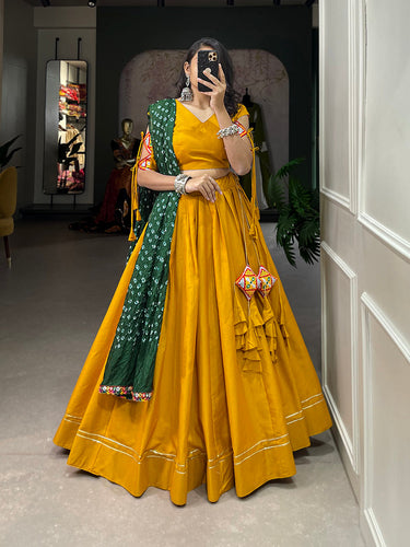 Mustard Color Plain With Gotta Patti Lace Border Cotton Lehenga Choli ClothsVilla.com