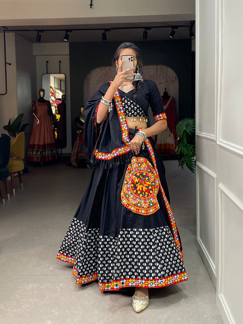 Black Color Printed With Gamthi Work Cotton Lehenga Choli ClothsVilla