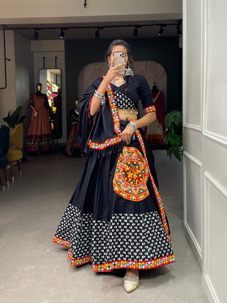 Black Color Printed With Gamthi Work Cotton Lehenga Choli ClothsVilla