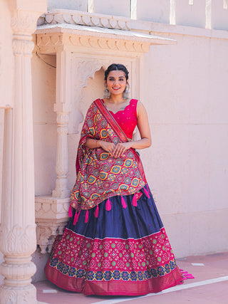 Blue Color Printed With Foil Work Dola Silk Lehenga Choli Clothsvilla