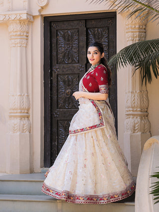 Off White Color Thread Embroidery Work With Lace Border Organza Lehenga Choli ClothsVilla.com
