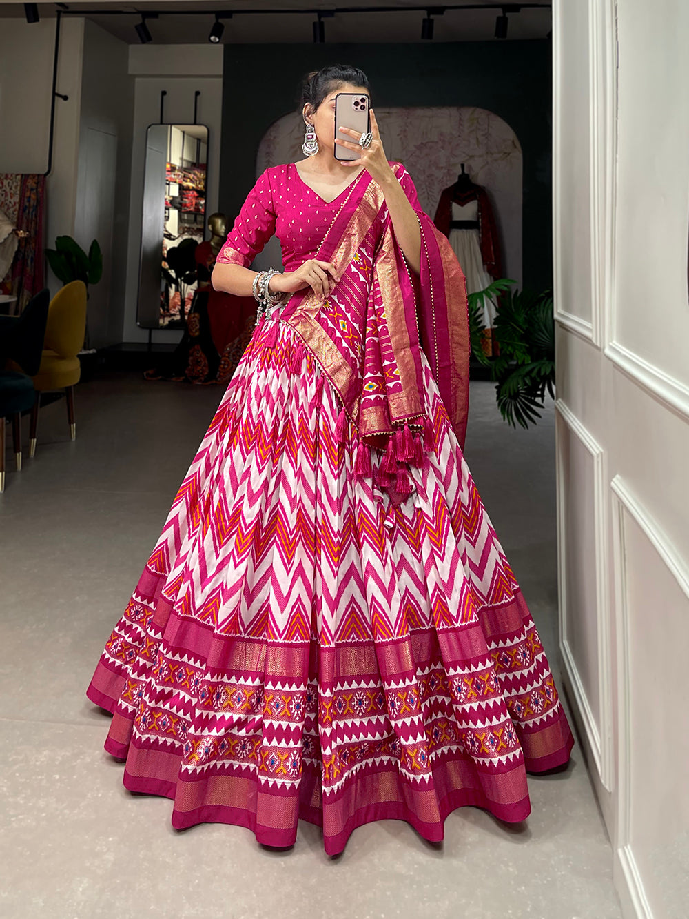 Pink Color Leheriya With Foil Work Tussar Silk Lehenga Choli ClothsVilla