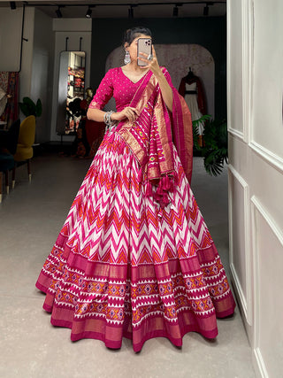 Pink Color Leheriya With Foil Work Tussar Silk Lehenga Choli ClothsVilla