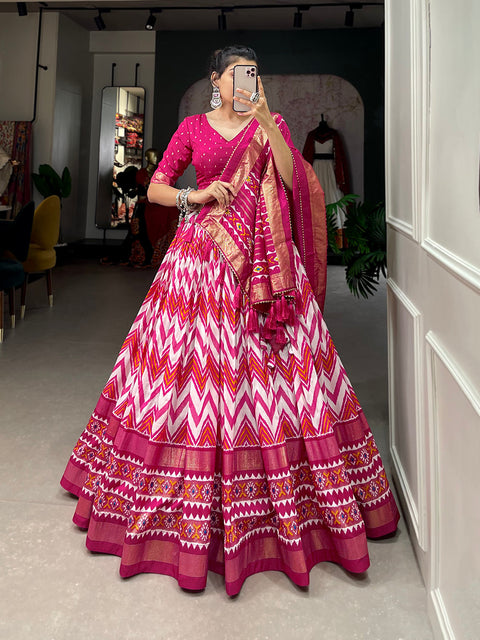 Pink Color Leheriya With Foil Work Tussar Silk Lehenga Choli ClothsVilla Main image