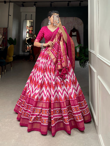 Pink Color Leheriya With Foil Work Tussar Silk Lehenga Choli ClothsVilla
