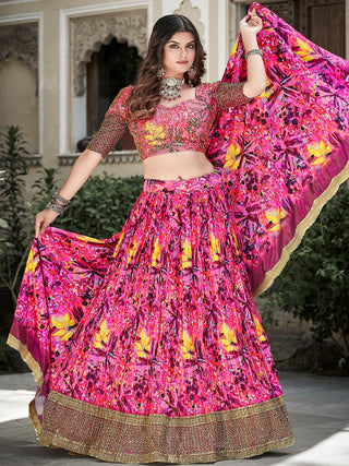 Pink Color Digital Print With Sequins Embroidery Work Crushed Chinon Lehenga Choli ClothsVilla.com