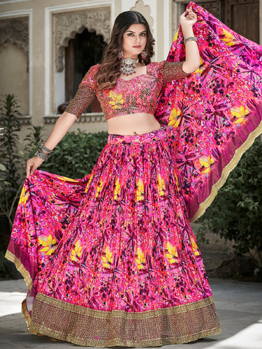 Pink Color Digital Print With Sequins Embroidery Work Crushed Chinon Lehenga Choli ClothsVilla.com