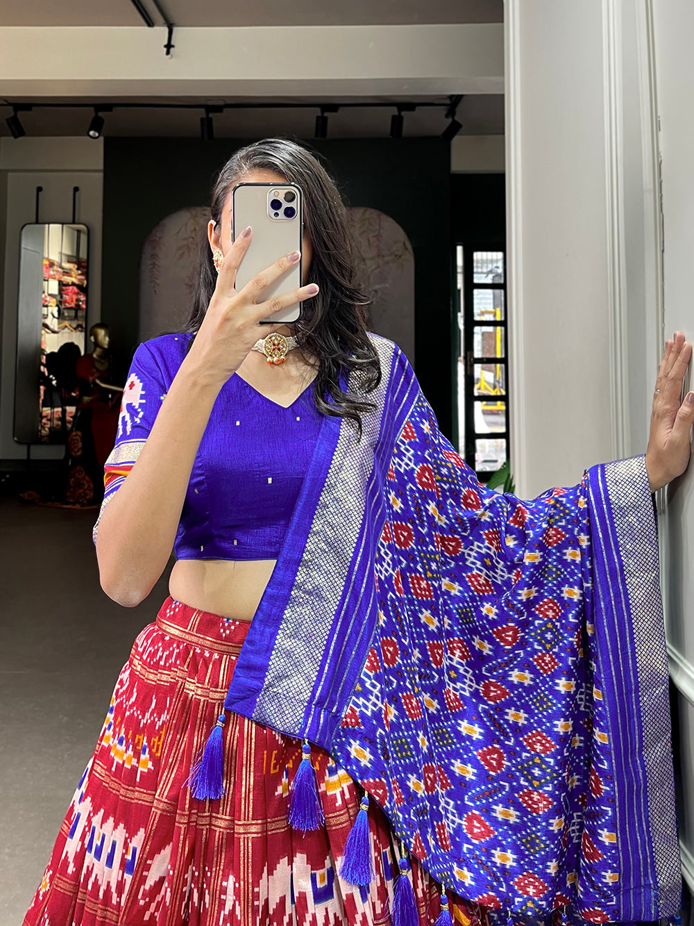 Red Color Patola Printed With Foil Work Tussar Silk Lehenga Choli ClothsVilla
