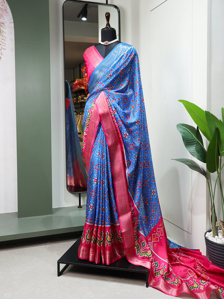 Sky Blue Color Digital Patola Printed Dola Silk Saree Clothsvilla