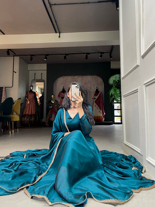 Teal Color Plain With Lace Border Rangoli Silk Lehenga Choli Set ClothsVilla