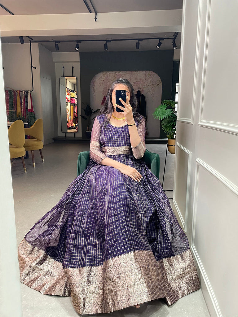 Wine Color Zari Weaving Work Organza Chex Gown Clothsvilla