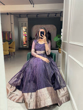 Load image into Gallery viewer, Wine Color Zari Weaving Work Organza Chex Gown Clothsvilla