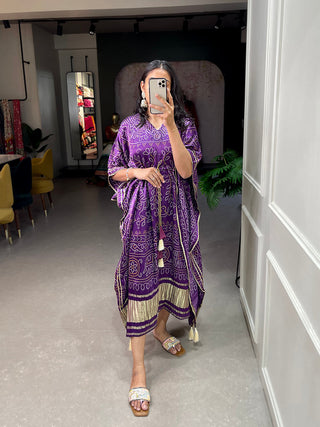 Wine Color Bandhej Print With Gotta Patti Lace Border Gaji Silk Kaftan ClothsVilla.com
