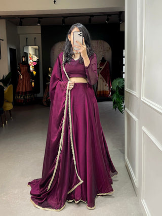 Wine Color Plain With Lace Border Rangoli Silk Lehenga Choli Set ClothsVilla.com