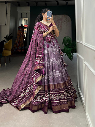 Wine Color Dot And Ikkat Print With Foil Work Tussar Silk Lehenga Choli Clothsvilla