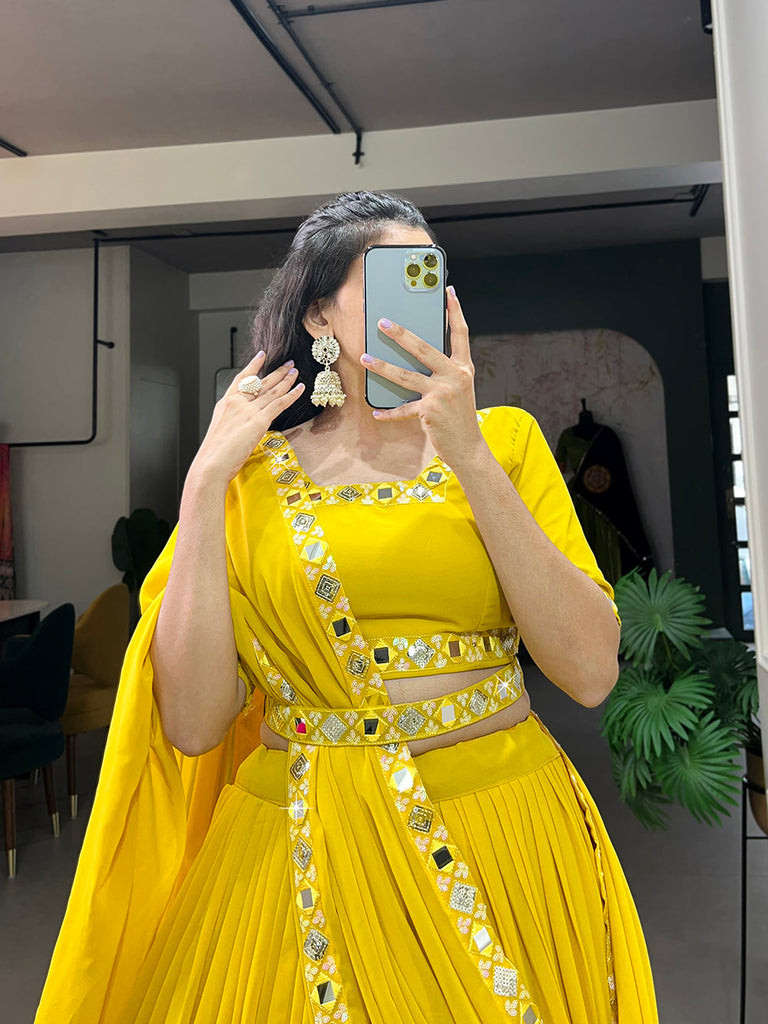 Yellow Color Sequins And Embroidery With Original Mirror Work Georgette Haldi Rasam Lehenga Choli Clothsvilla