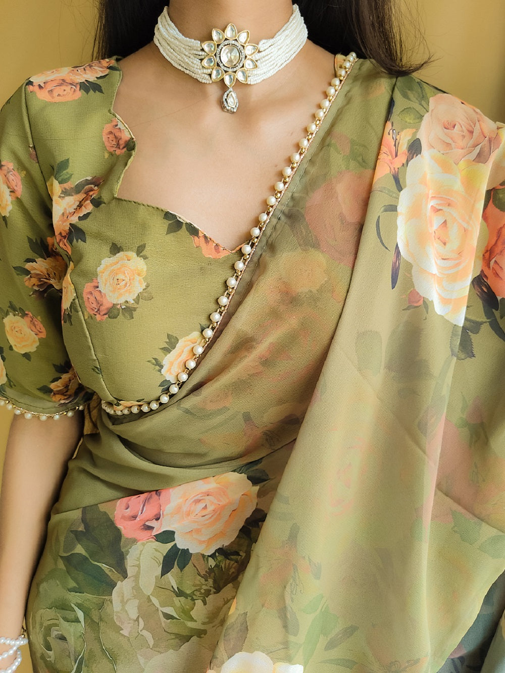 Mehndi Color Printed With Peral Lace Border Georgette Stylist Saree Clothsvilla Main image
