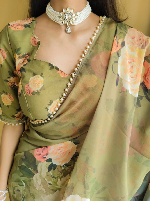 Mehndi Color Printed With Peral Lace Border Georgette Stylist Saree Clothsvilla Main image