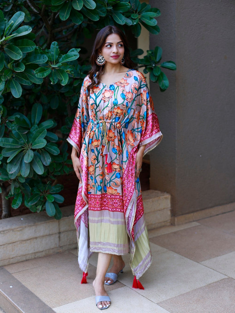 Pink Color Digital Printed Pure Gaji Silk Kaftan Clothsvilla