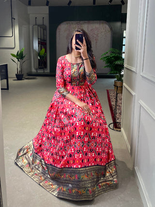 Crimson Color Patola Paithani Printed And Foil Printed Silk Gown Clothsvilla