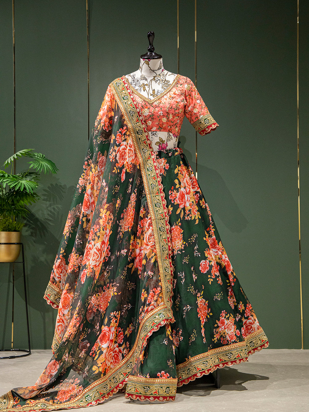 Green Color Floral Printed Organza Lehenga Choli Clothsvilla