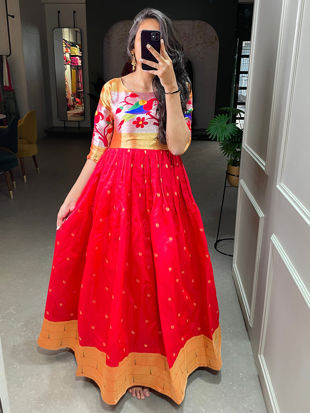 Red Color Weaving Zari Work Jacquard Silk Paithani Gown Clothsvilla