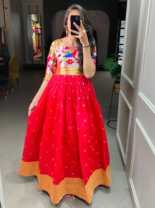 Red Color Weaving Zari Work Jacquard Silk Paithani Gown Clothsvilla