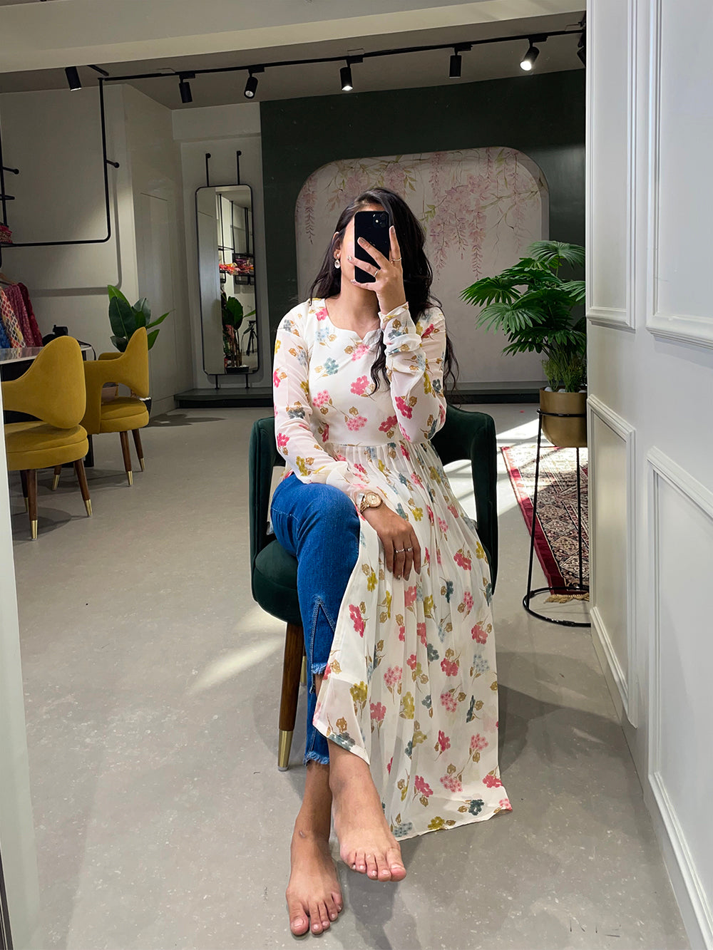 White Color Floral Printed Georgette Material Naira Cut Kurti Clothsvilla
