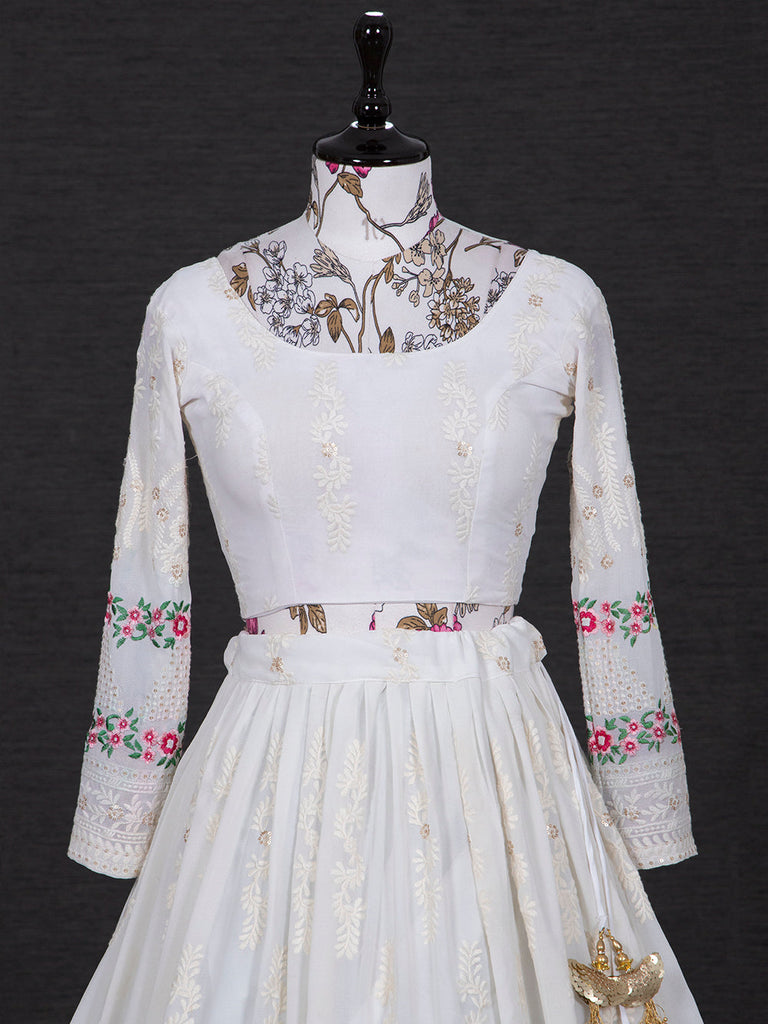 White Color Lucknowi Embroidery Work Georgette Lehenga Set With Gaji Silk Dupatta Clothsvilla