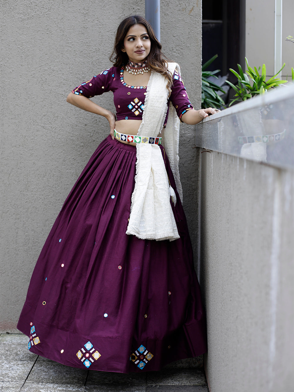 Wine Color Original Mirror Handwork Cotton Lehenga Choli Clothsvilla