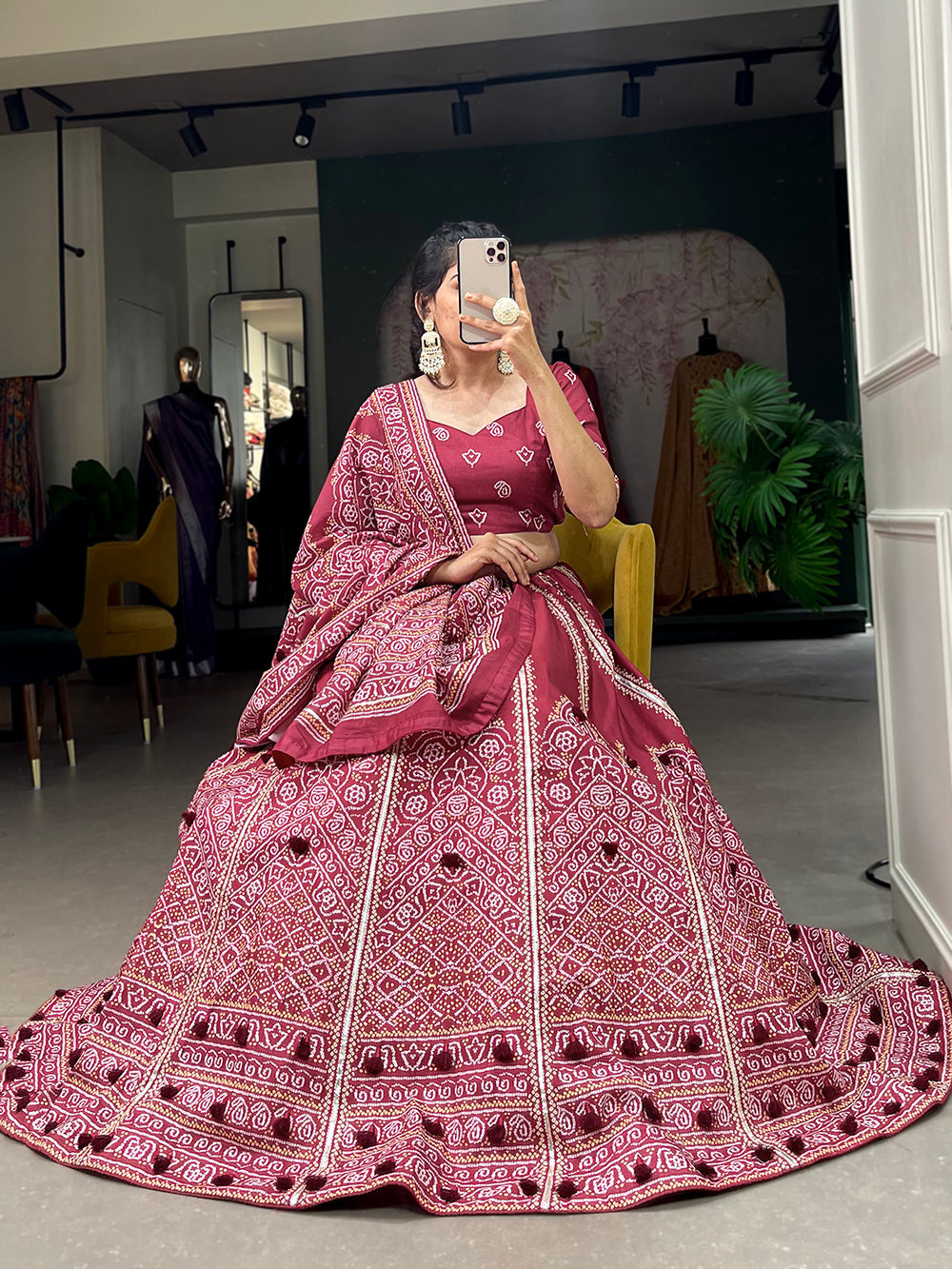 Maroon Color Bandhej Printed With Gota Patti Vaishali Silk Lehenga Choli ClothsVilla.com