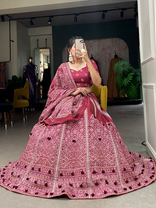 Maroon Color Bandhej Printed With Gota Patti Vaishali Silk Lehenga Choli ClothsVilla.com
