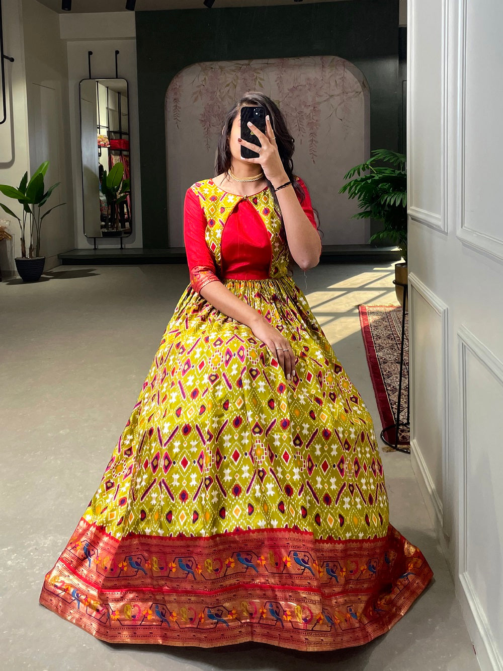 Mehendi Color Patola Paithani Printed And Foil Printed Silk Gown Clothsvilla