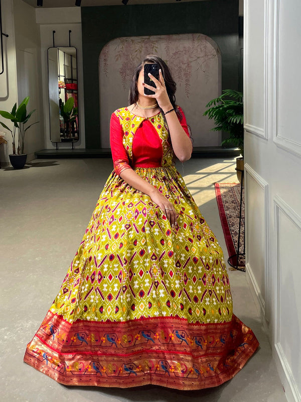 Mehendi Color Patola Paithani Printed And Foil Printed Silk Gown Clothsvilla