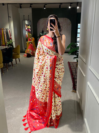 White Color Patola Paithani Printed with Foil Work Dola Silk Saree Clothsvilla