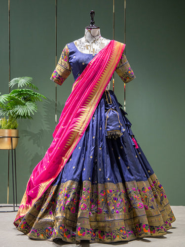 Navy Blue Color Weaving Zari Work Jacquard Paithani Lehenga Sets Clothsvilla