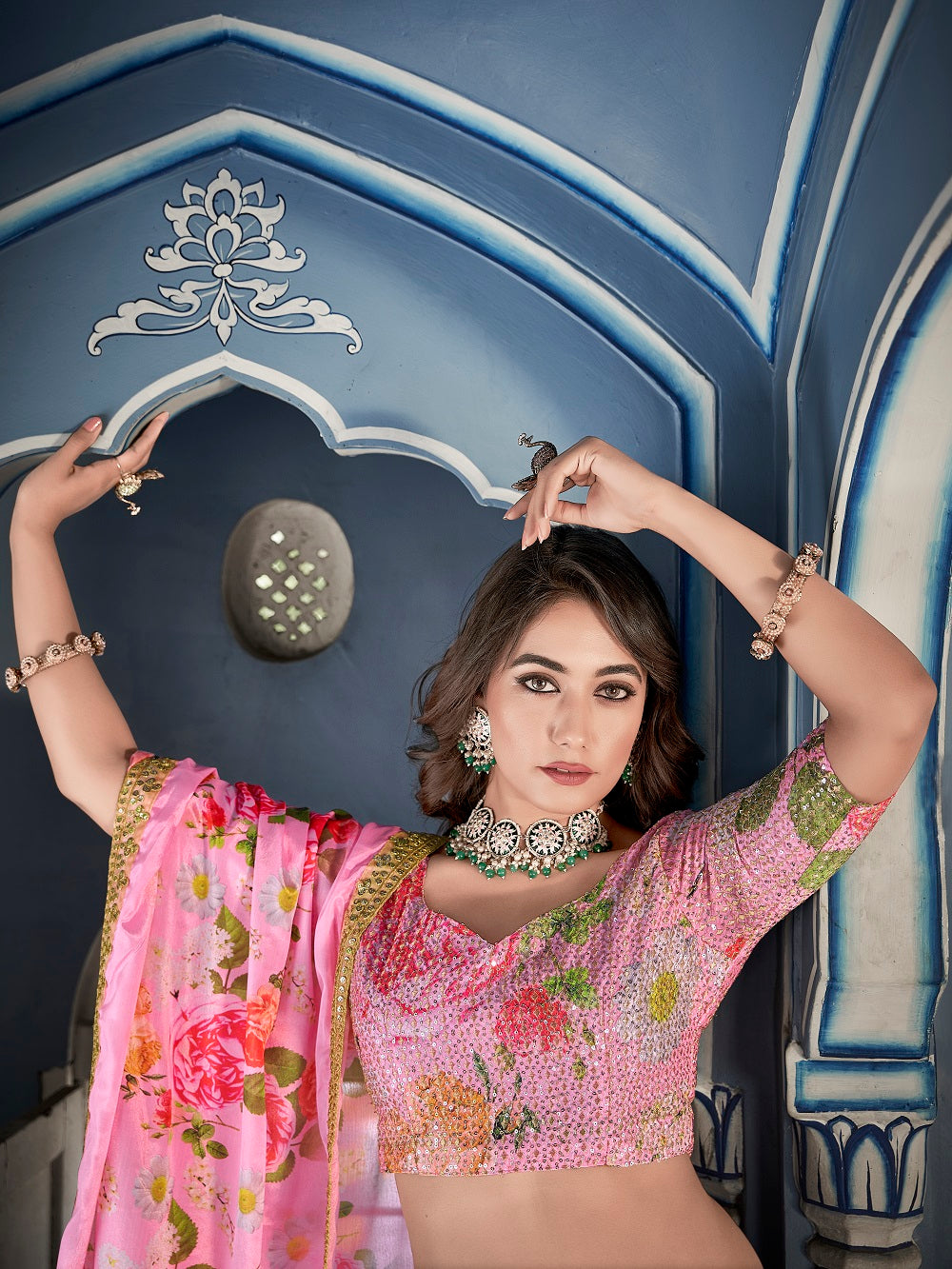 Pink Color Digital Print With Sequins Embroidery Work Crushed Chinon Lehenga Choli ClothsVilla.com