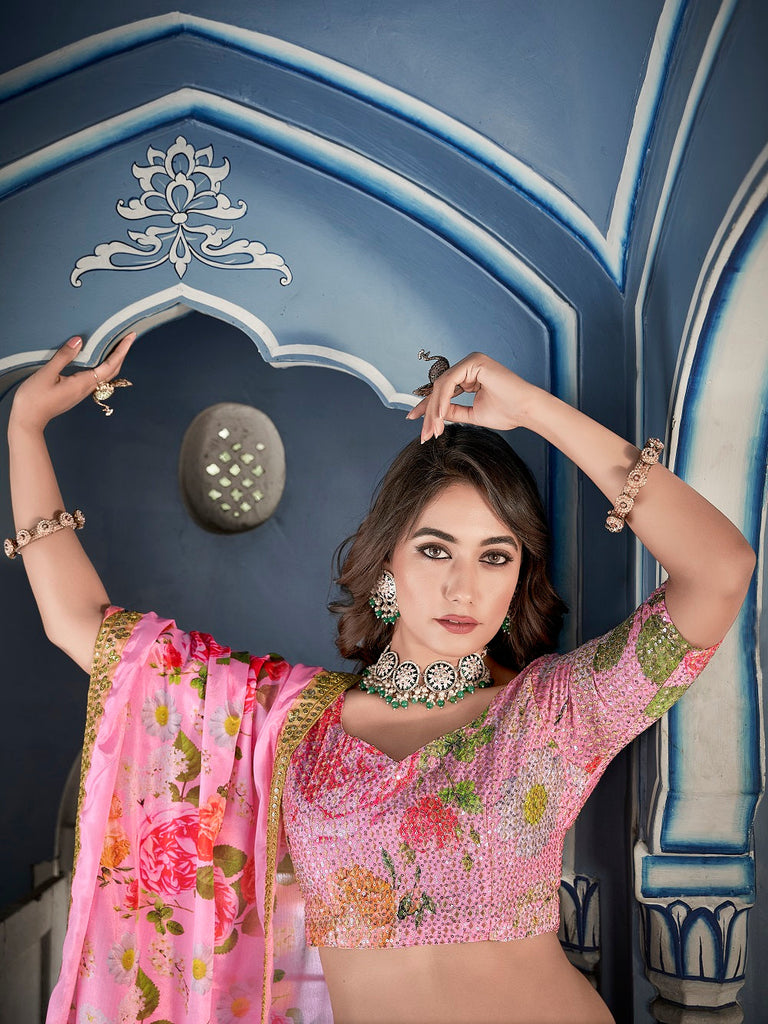 Pink Color Digital Print With Sequins Embroidery Work Crushed Chinon Lehenga Choli ClothsVilla.com