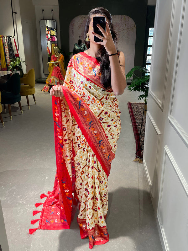 White Color Patola Paithani Printed with Foil Work Dola Silk Saree Clothsvilla