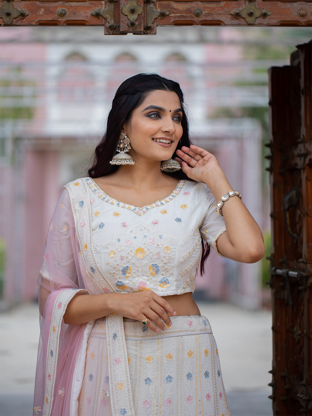 White Color  Lucknowi Work Georgette Chaniya Choli Clothsvilla