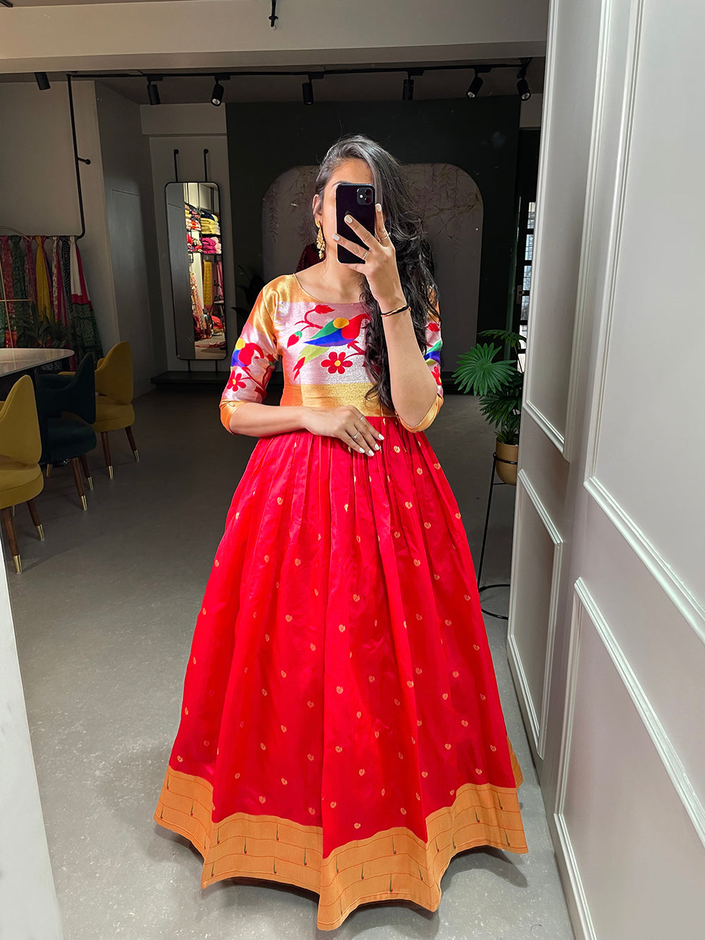 Red Color Weaving Zari Work Jacquard Silk Paithani Gown Clothsvilla