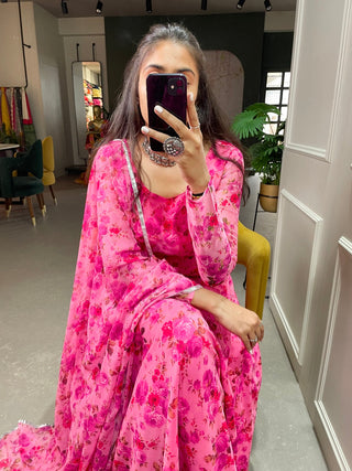 Pink Color Floral Printed Anarkali Style Chiffon Kurti Clothsvilla