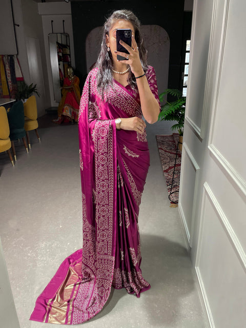 Wine Color Semi Gaji Satin Saree With Foil And Print Work Clothsvilla Main image