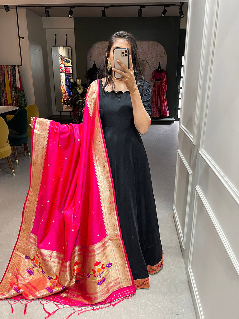 Black Color Plain With Zari Weaving Work Patta Chinon Dress Clothsvilla