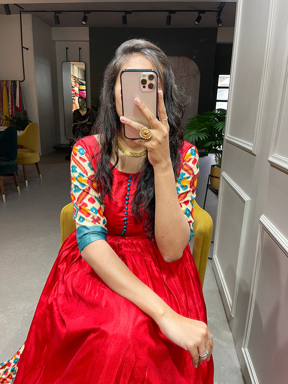 Red Color Foil Printed Dola Silk Gown Clothsvilla