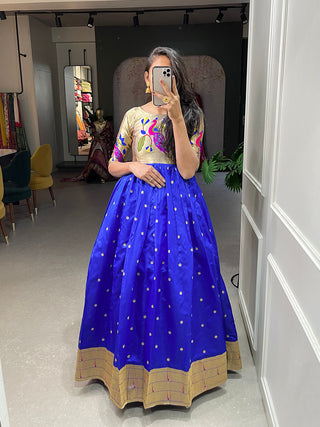 Blue Color Weaving Zari Work Jacquard Silk Paithani Gown Clothsvilla