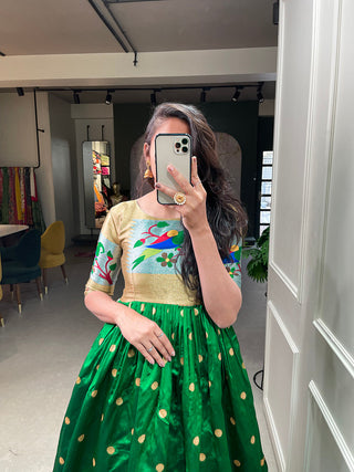 Green Color Weaving Zari Work Jacquard Silk Paithani Gown Clothsvilla